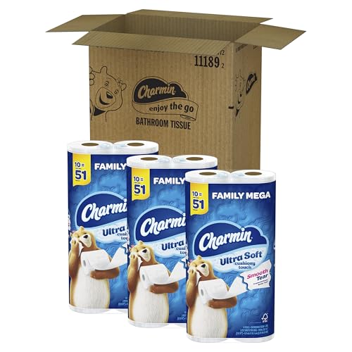 Charmin Toilet Paper Ultra Soft Cushiony Touch, 18 Family Mega Rolls = 90 Regular Rolls