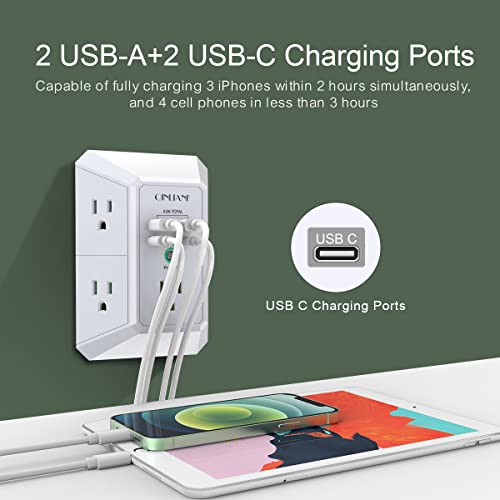 Wall Charger, Surge Protector, QINLIANF 5 Outlet Extender with 4 USB Charging Ports (4.8A Total) 3-Sided 1680J Power Strip Multi Plug Adapter Spaced for Home Travel Office (3U1C)
