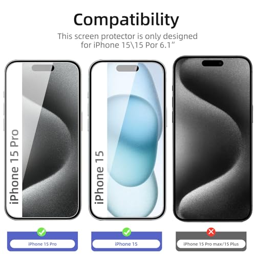 NEW'C 3 Pack Designed for iPhone 16, iPhone 15, iPhone 15 Pro (6.1 inches) Screen Protector Tempered Glass,Case Friendly Ultra Resistant