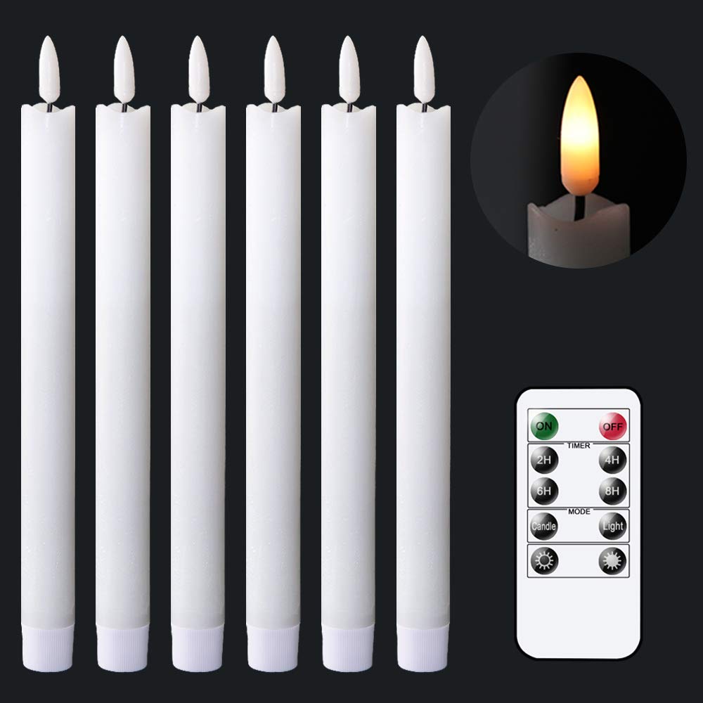 GenSwin Flameless Ivory Taper Candles Flickering with 10-Key Remote, Battery Operated Led Warm 3D Wick Light Window Candles Real Wax Pack of 6, Christmas Home Wedding Decor(0.78 X 9.64 Inch)