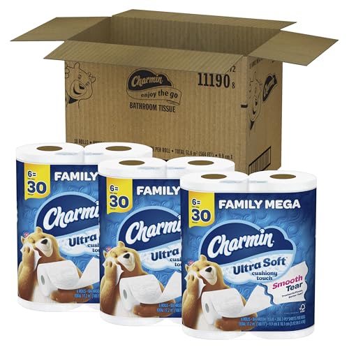 Charmin Toilet Paper Ultra Soft Cushiony Touch, 18 Family Mega Rolls = 90 Regular Rolls