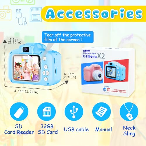Seckton Upgrade Kids Selfie Camera, Christmas Birthday Gifts for Boys Age 3-9, HD Digital Video Cameras for Toddler, Portable Toy for 3 4 5 6 7 8 Year Old Boy with 32GB SD Card-Navy Blue