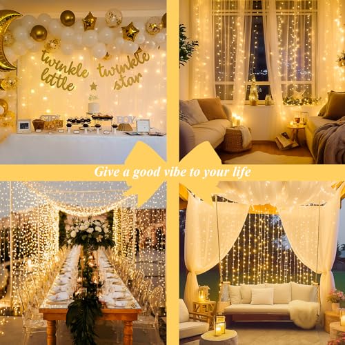 JMEXSUSS 300 LED Remote Control Christmas Curtain Lights, Plug in Fairy Curtain Lights Outdoor, Window Wall Hanging Curtain String Lights for Bedroom Backdrop Wedding Party Indoor Decor, Warm White