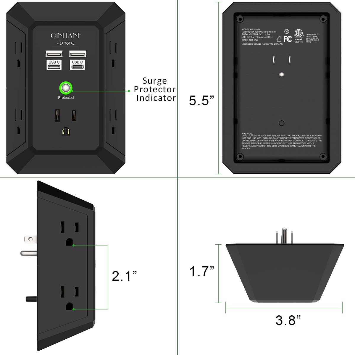 Wall Charger, Surge Protector, QINLIANF 5 Outlet Extender with 4 USB Charging Ports (4.8A Total) 3-Sided 1680J Power Strip Multi Plug Adapter Spaced for Home Travel Office (3U1C)
