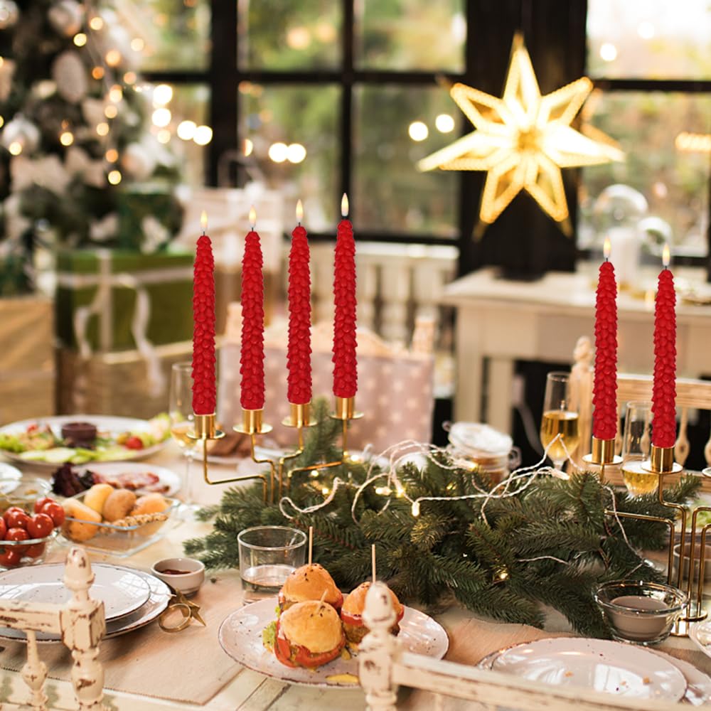 GenSwin Flameless Ivory Taper Candles Flickering with 10-Key Remote, Battery Operated Led Warm 3D Wick Light Window Candles Real Wax Pack of 6, Christmas Home Wedding Decor(0.78 X 9.64 Inch)