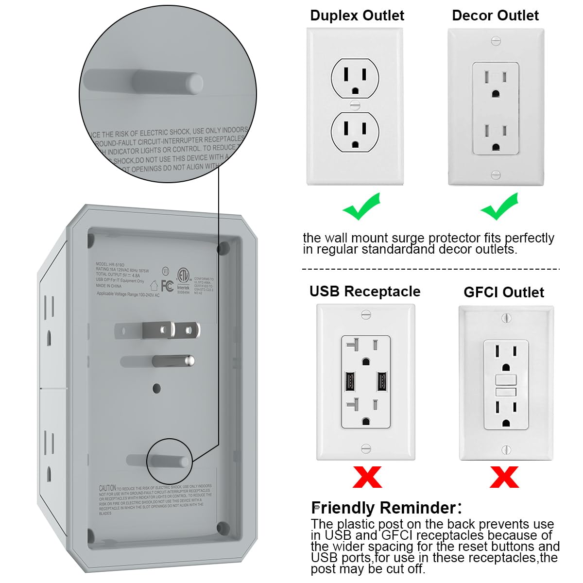 Wall Charger, Surge Protector, QINLIANF 5 Outlet Extender with 4 USB Charging Ports (4.8A Total) 3-Sided 1680J Power Strip Multi Plug Adapter Spaced for Home Travel Office (3U1C)