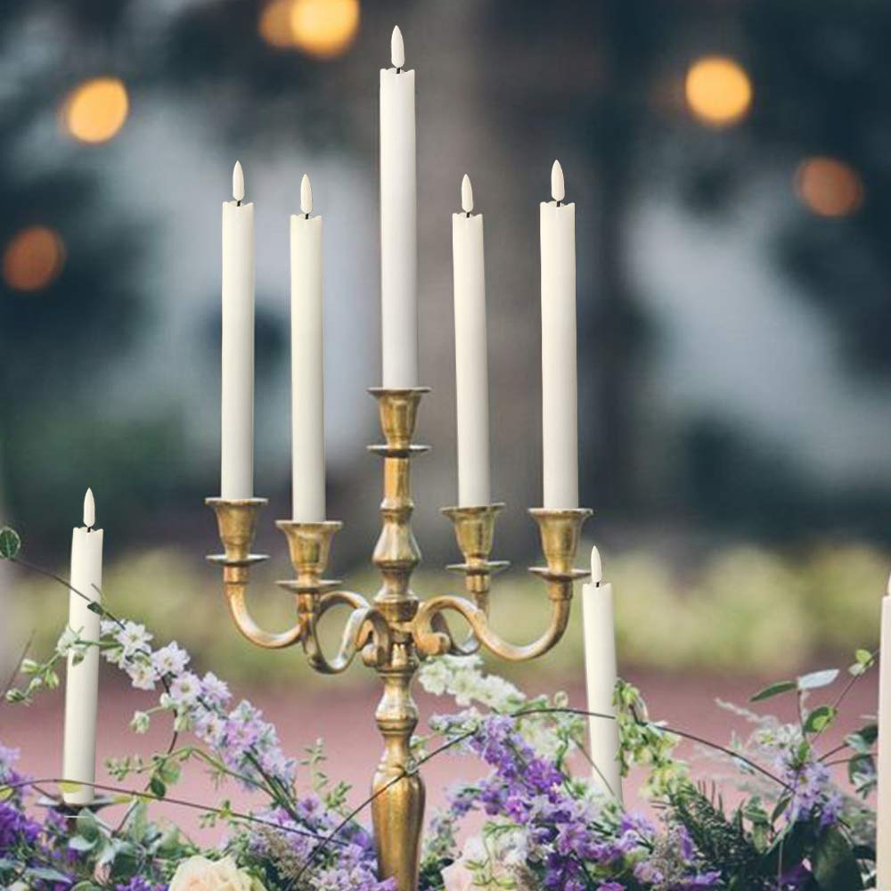 GenSwin Flameless Ivory Taper Candles Flickering with 10-Key Remote, Battery Operated Led Warm 3D Wick Light Window Candles Real Wax Pack of 6, Christmas Home Wedding Decor(0.78 X 9.64 Inch)