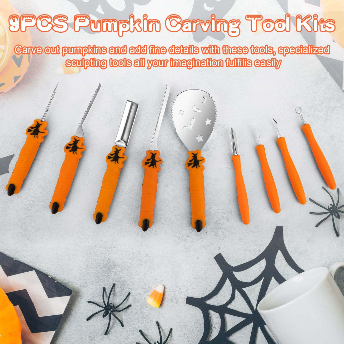 Pumpkin Carving Kit Tools Halloween, Professional Heavy Duty Carving Set, Stainless Steel Sculpting Tool Carving Knife for Halloween Decoration Jack-O-Lanterns, Gift for Halloween(9PCS)