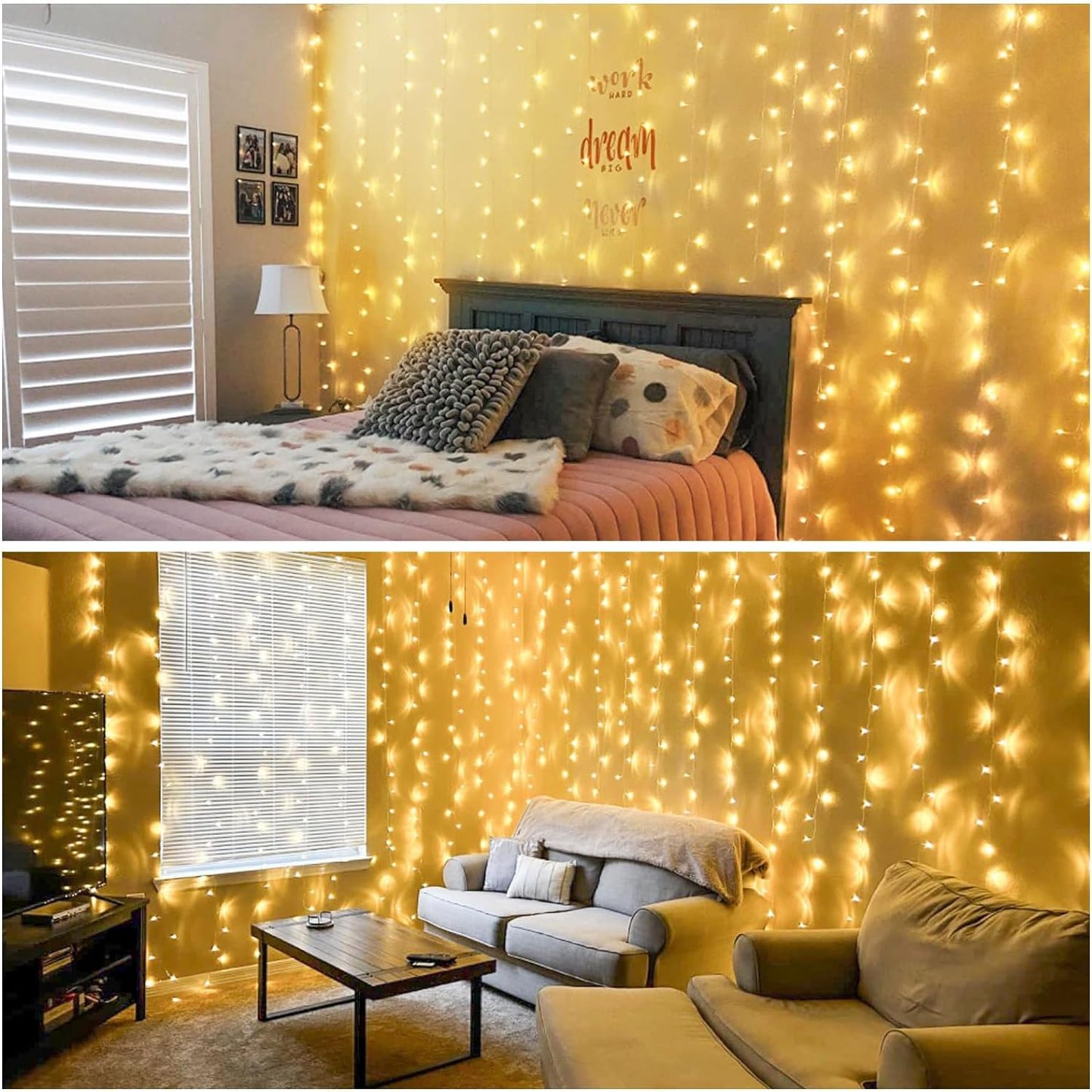 JMEXSUSS 300 LED Remote Control Christmas Curtain Lights, Plug in Fairy Curtain Lights Outdoor, Window Wall Hanging Curtain String Lights for Bedroom Backdrop Wedding Party Indoor Decor, Warm White