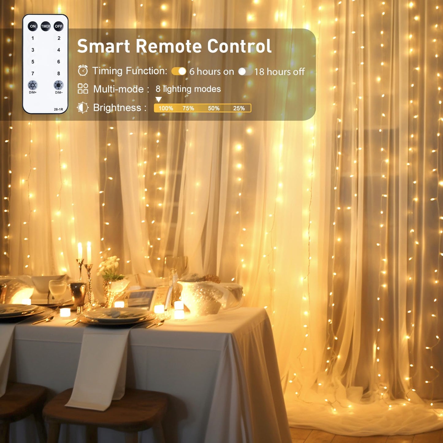 JMEXSUSS 300 LED Remote Control Christmas Curtain Lights, Plug in Fairy Curtain Lights Outdoor, Window Wall Hanging Curtain String Lights for Bedroom Backdrop Wedding Party Indoor Decor, Warm White