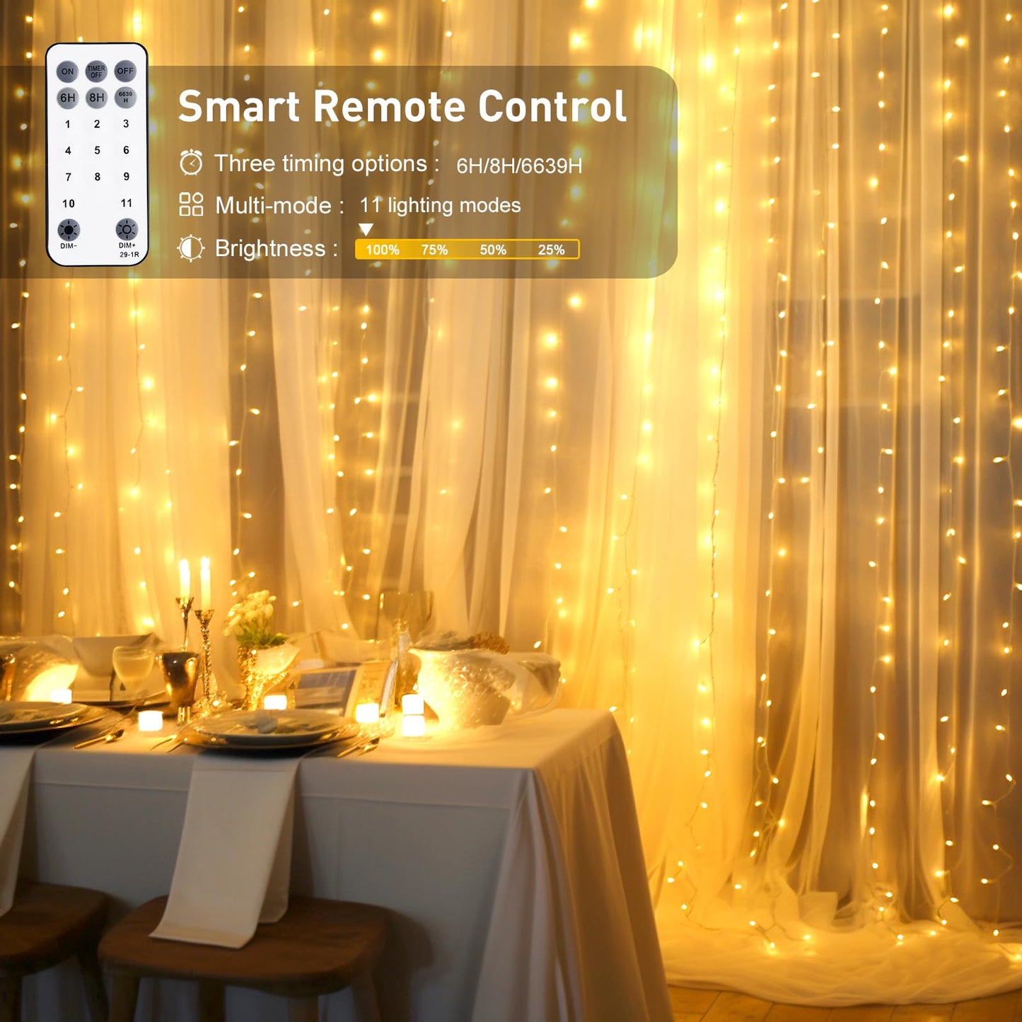 JMEXSUSS 300 LED Remote Control Christmas Curtain Lights, Plug in Fairy Curtain Lights Outdoor, Window Wall Hanging Curtain String Lights for Bedroom Backdrop Wedding Party Indoor Decor, Warm White