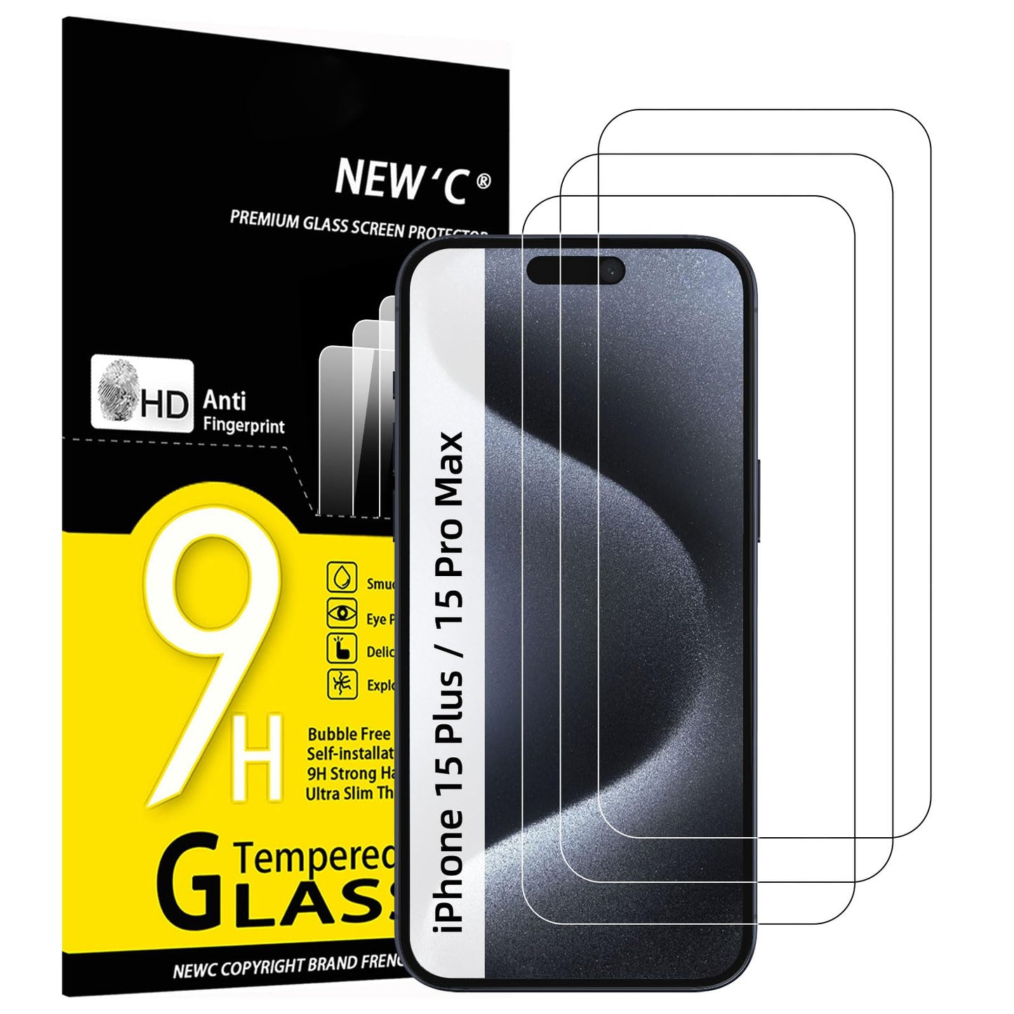 NEW'C 3 Pack Designed for iPhone 16, iPhone 15, iPhone 15 Pro (6.1 inches) Screen Protector Tempered Glass,Case Friendly Ultra Resistant