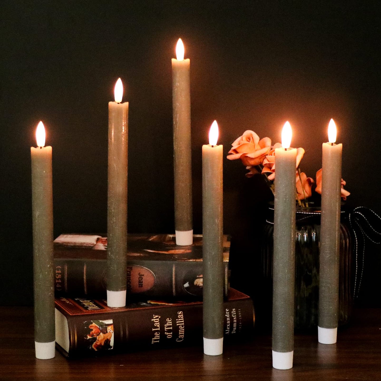 GenSwin Flameless Ivory Taper Candles Flickering with 10-Key Remote, Battery Operated Led Warm 3D Wick Light Window Candles Real Wax Pack of 6, Christmas Home Wedding Decor(0.78 X 9.64 Inch)