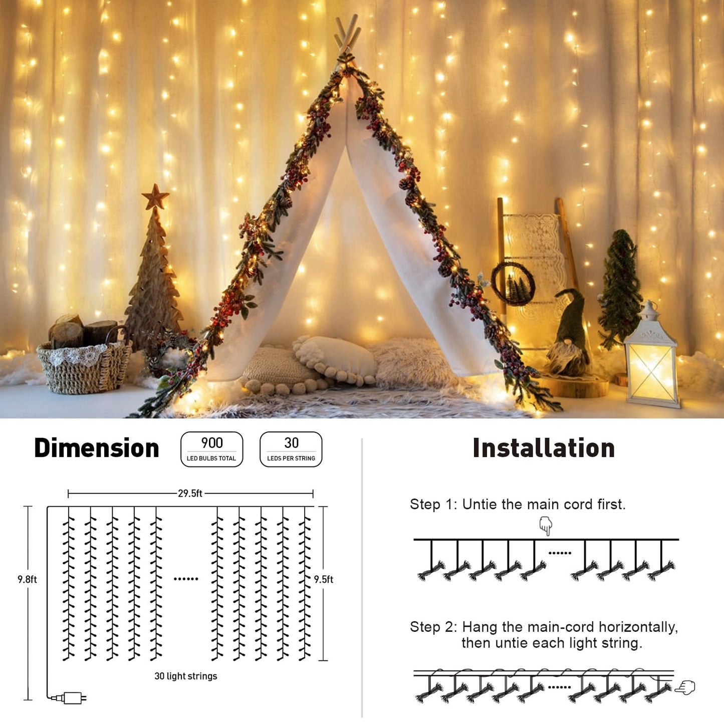 JMEXSUSS 300 LED Remote Control Christmas Curtain Lights, Plug in Fairy Curtain Lights Outdoor, Window Wall Hanging Curtain String Lights for Bedroom Backdrop Wedding Party Indoor Decor, Warm White