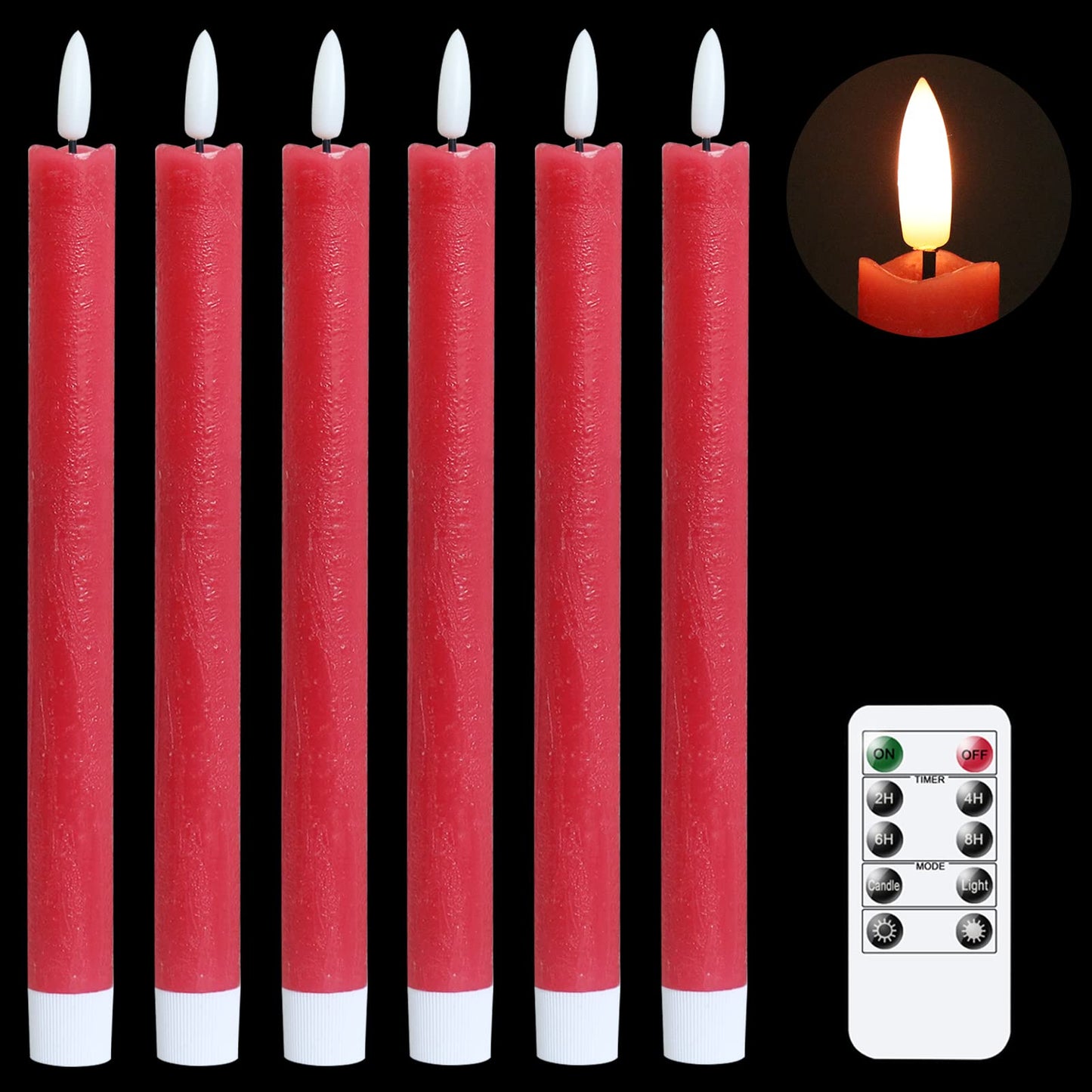GenSwin Flameless Ivory Taper Candles Flickering with 10-Key Remote, Battery Operated Led Warm 3D Wick Light Window Candles Real Wax Pack of 6, Christmas Home Wedding Decor(0.78 X 9.64 Inch)