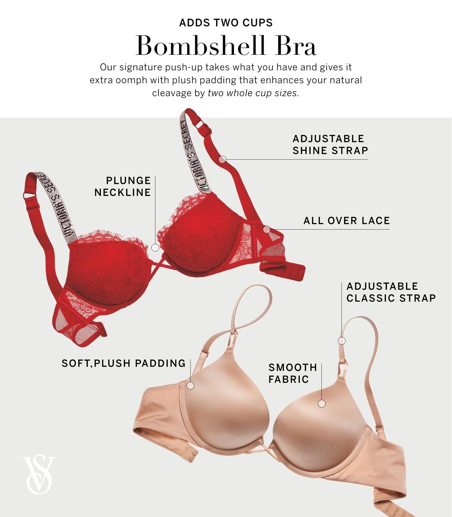Victoria's Secret Women's Very Sexy Bombshell Adds-2-Cups Push Up Double Shine Strap Bra, Bras for Women (32A-38DDD)