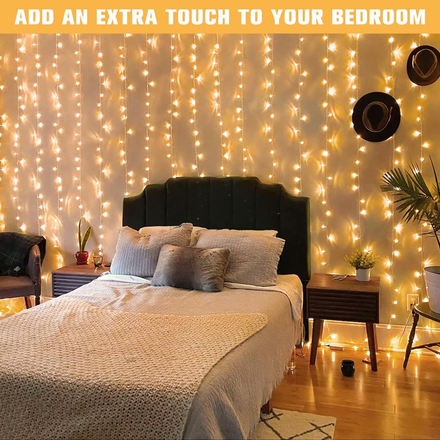 JMEXSUSS 300 LED Remote Control Christmas Curtain Lights, Plug in Fairy Curtain Lights Outdoor, Window Wall Hanging Curtain String Lights for Bedroom Backdrop Wedding Party Indoor Decor, Warm White