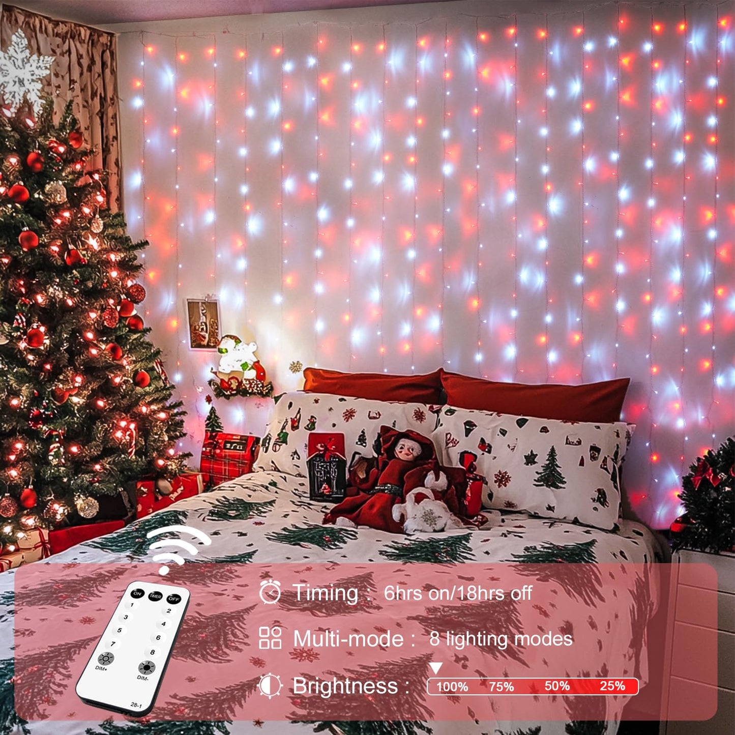 JMEXSUSS 300 LED Remote Control Christmas Curtain Lights, Plug in Fairy Curtain Lights Outdoor, Window Wall Hanging Curtain String Lights for Bedroom Backdrop Wedding Party Indoor Decor, Warm White