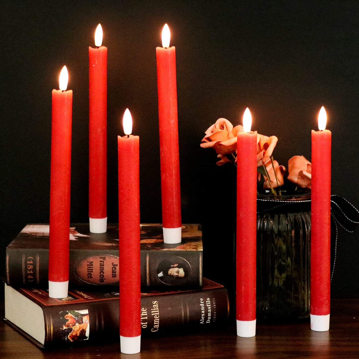 GenSwin Flameless Ivory Taper Candles Flickering with 10-Key Remote, Battery Operated Led Warm 3D Wick Light Window Candles Real Wax Pack of 6, Christmas Home Wedding Decor(0.78 X 9.64 Inch)