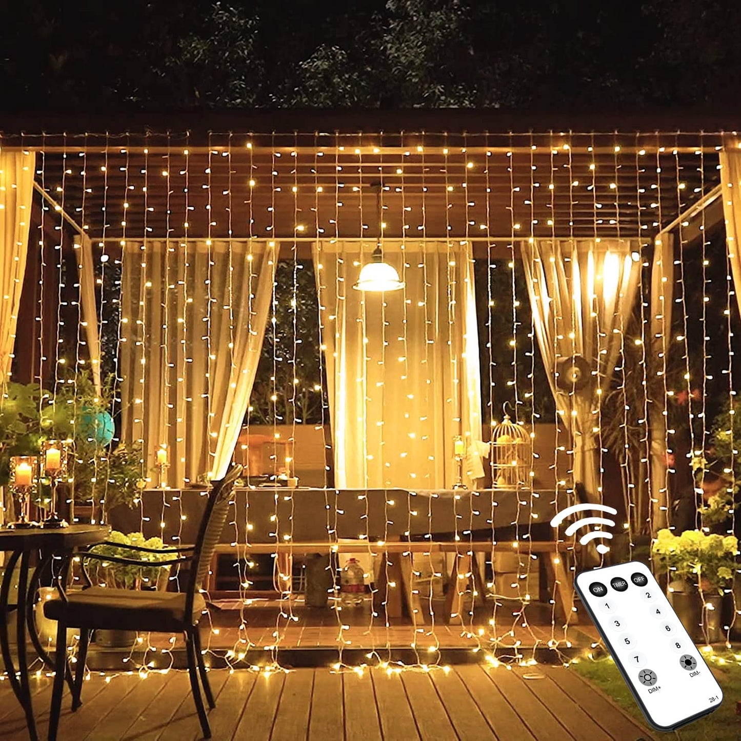 JMEXSUSS 300 LED Remote Control Christmas Curtain Lights, Plug in Fairy Curtain Lights Outdoor, Window Wall Hanging Curtain String Lights for Bedroom Backdrop Wedding Party Indoor Decor, Warm White