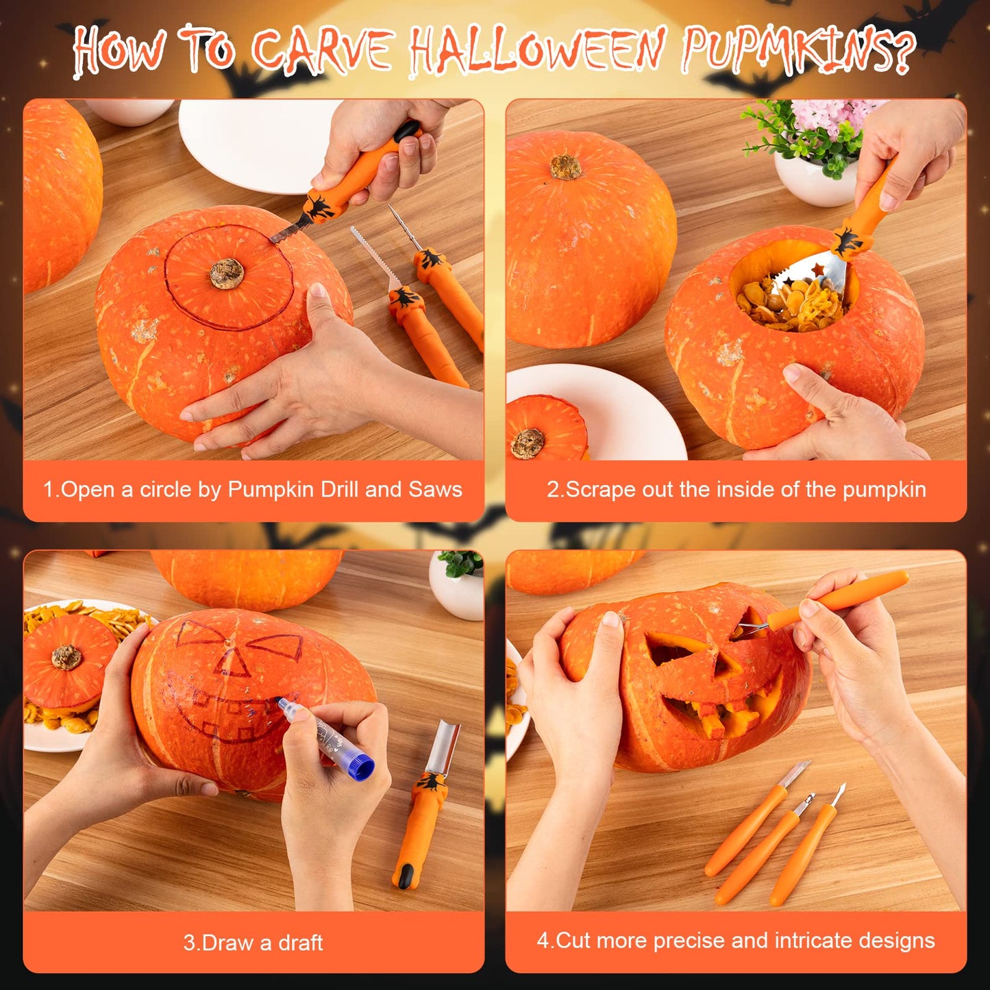 Pumpkin Carving Kit Tools Halloween, Professional Heavy Duty Carving Set, Stainless Steel Sculpting Tool Carving Knife for Halloween Decoration Jack-O-Lanterns, Gift for Halloween(9PCS)