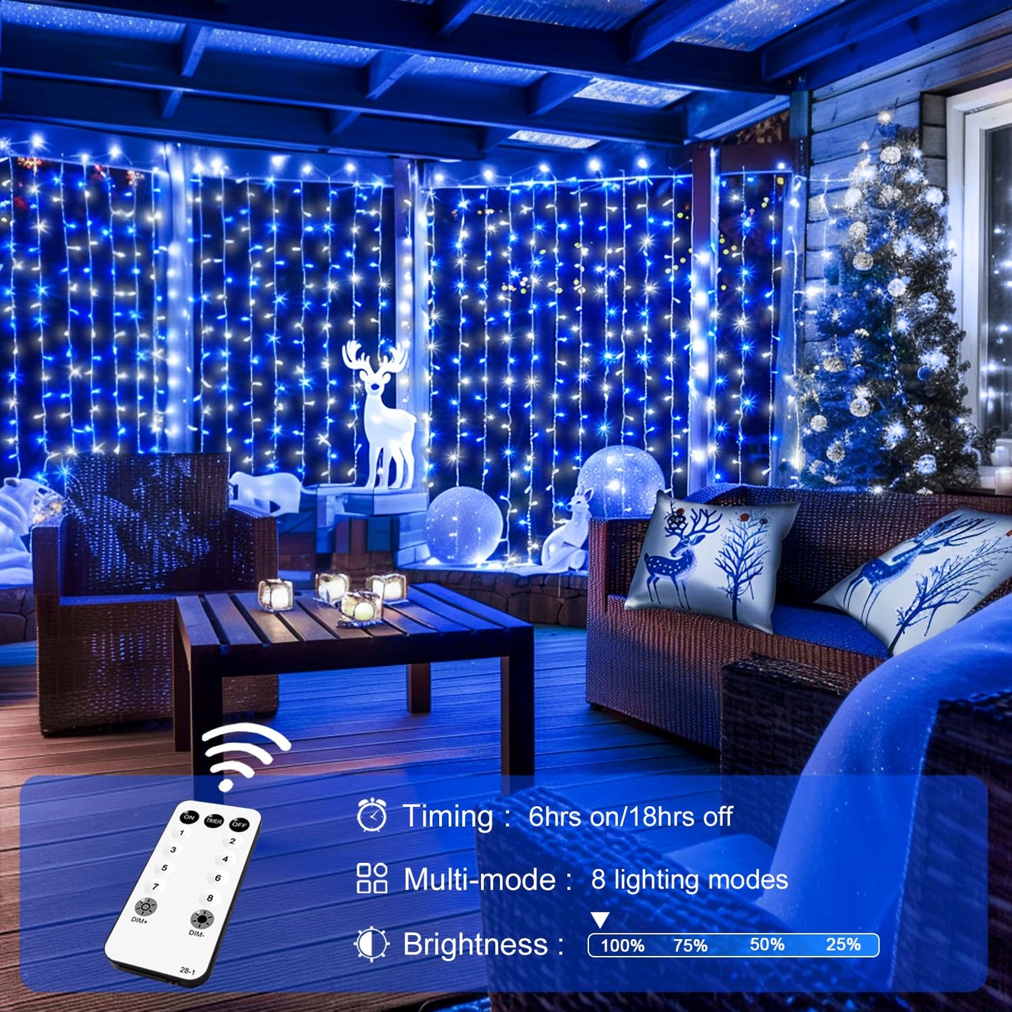 JMEXSUSS 300 LED Remote Control Christmas Curtain Lights, Plug in Fairy Curtain Lights Outdoor, Window Wall Hanging Curtain String Lights for Bedroom Backdrop Wedding Party Indoor Decor, Warm White