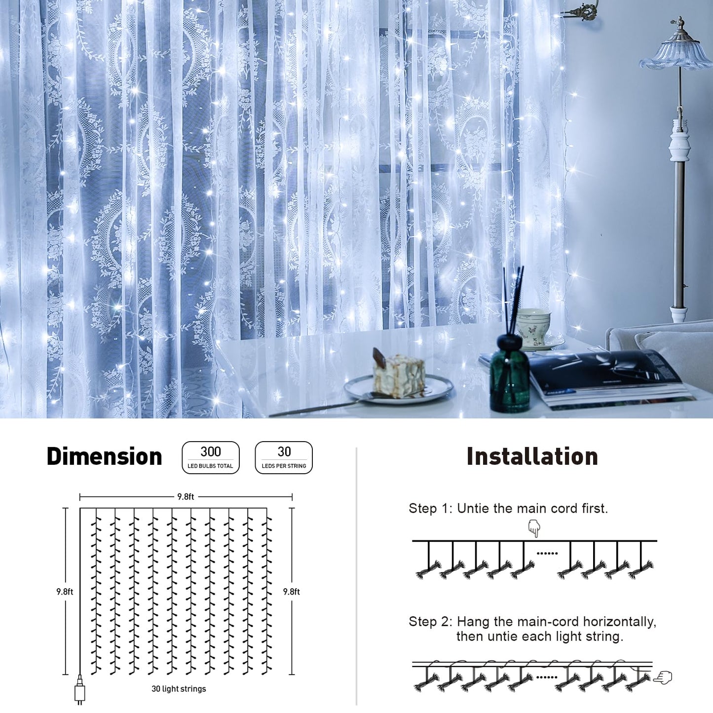 JMEXSUSS 300 LED Remote Control Christmas Curtain Lights, Plug in Fairy Curtain Lights Outdoor, Window Wall Hanging Curtain String Lights for Bedroom Backdrop Wedding Party Indoor Decor, Warm White