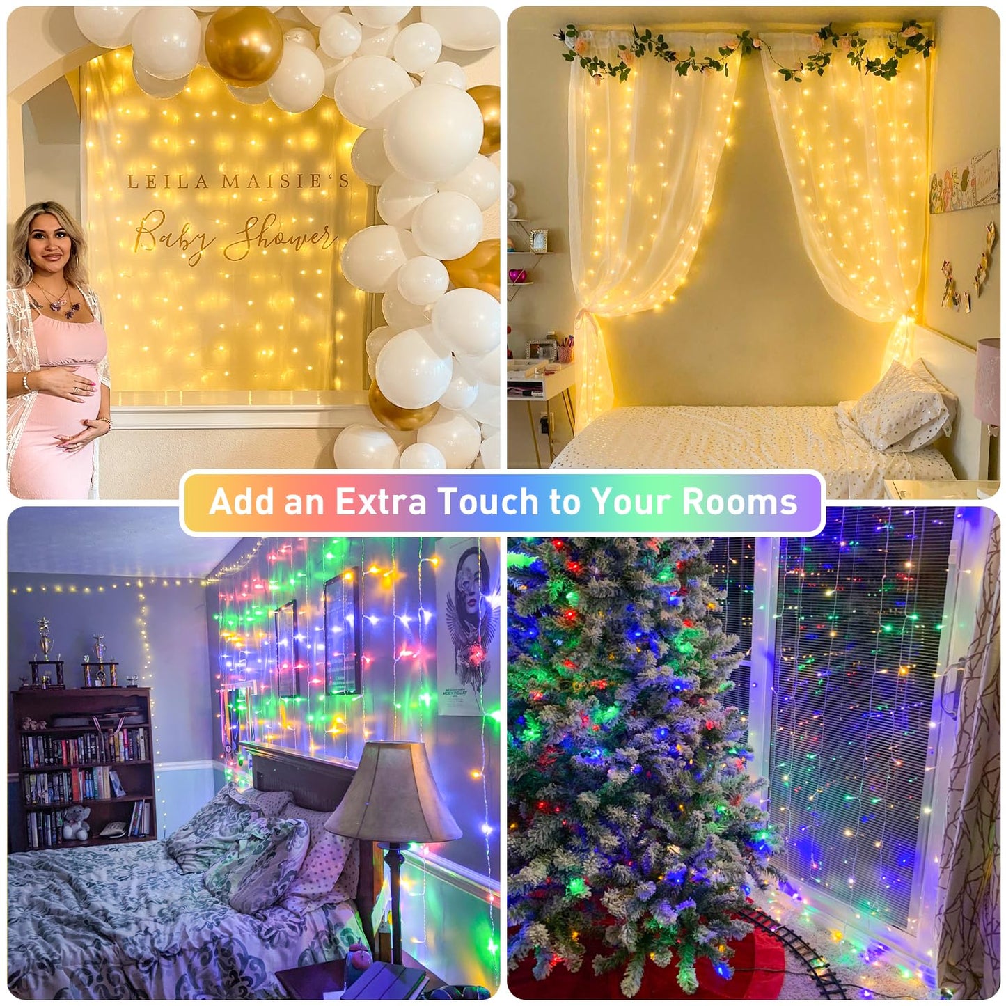 JMEXSUSS 300 LED Remote Control Christmas Curtain Lights, Plug in Fairy Curtain Lights Outdoor, Window Wall Hanging Curtain String Lights for Bedroom Backdrop Wedding Party Indoor Decor, Warm White