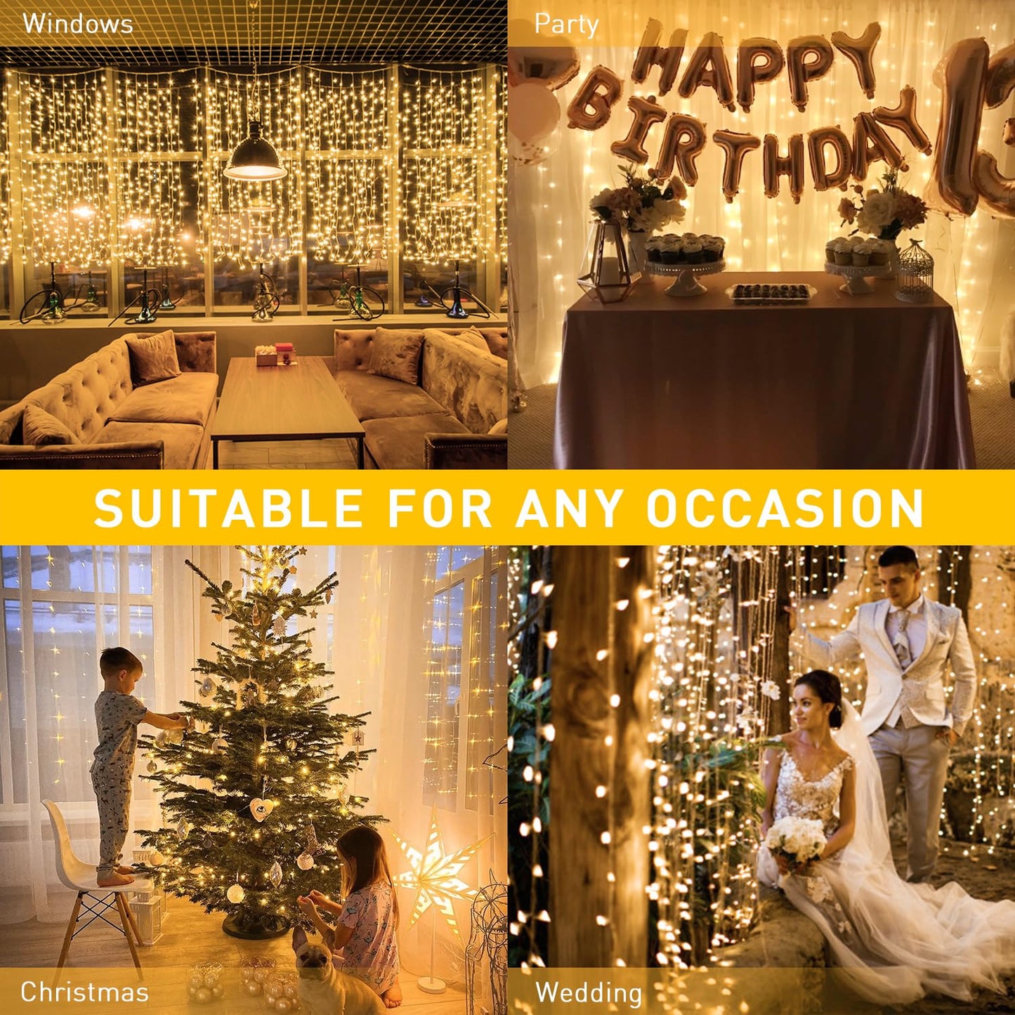 JMEXSUSS 300 LED Remote Control Christmas Curtain Lights, Plug in Fairy Curtain Lights Outdoor, Window Wall Hanging Curtain String Lights for Bedroom Backdrop Wedding Party Indoor Decor, Warm White
