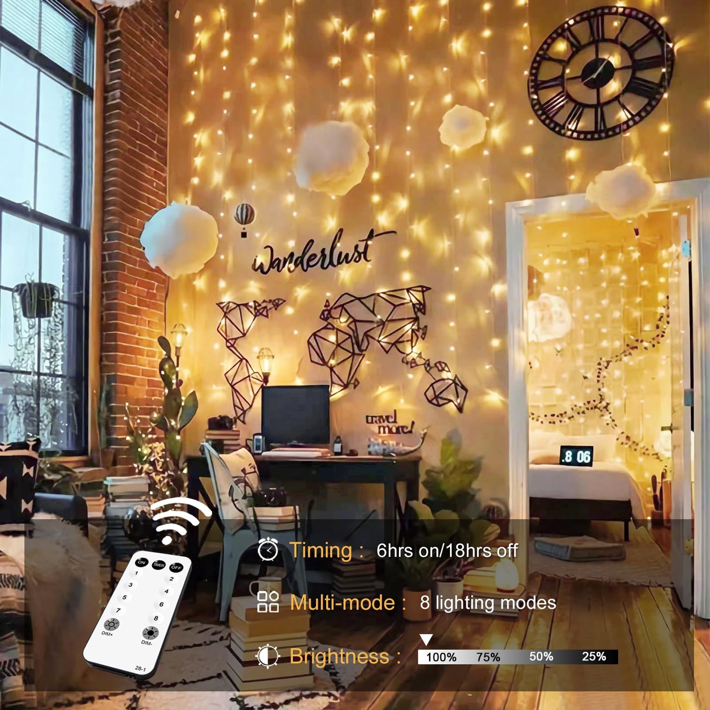 JMEXSUSS 300 LED Remote Control Christmas Curtain Lights, Plug in Fairy Curtain Lights Outdoor, Window Wall Hanging Curtain String Lights for Bedroom Backdrop Wedding Party Indoor Decor, Warm White