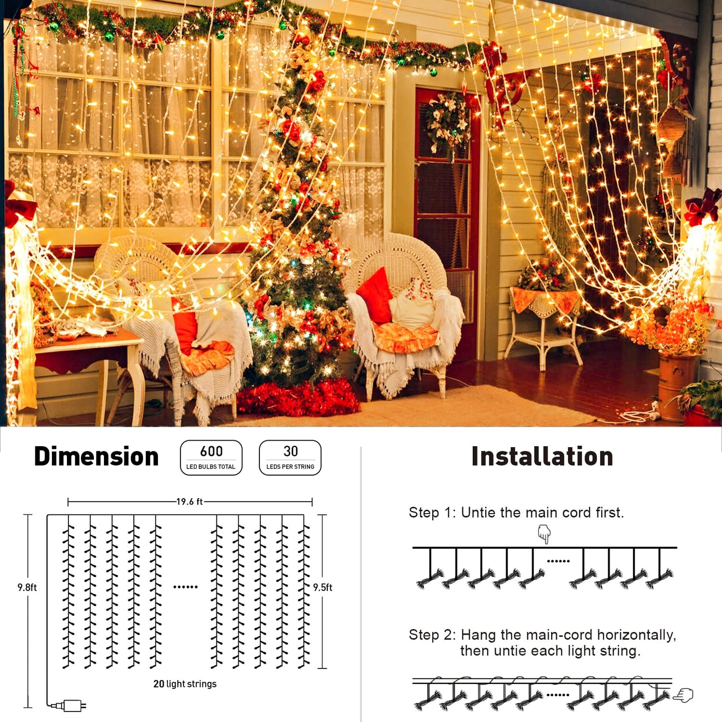 JMEXSUSS 300 LED Remote Control Christmas Curtain Lights, Plug in Fairy Curtain Lights Outdoor, Window Wall Hanging Curtain String Lights for Bedroom Backdrop Wedding Party Indoor Decor, Warm White