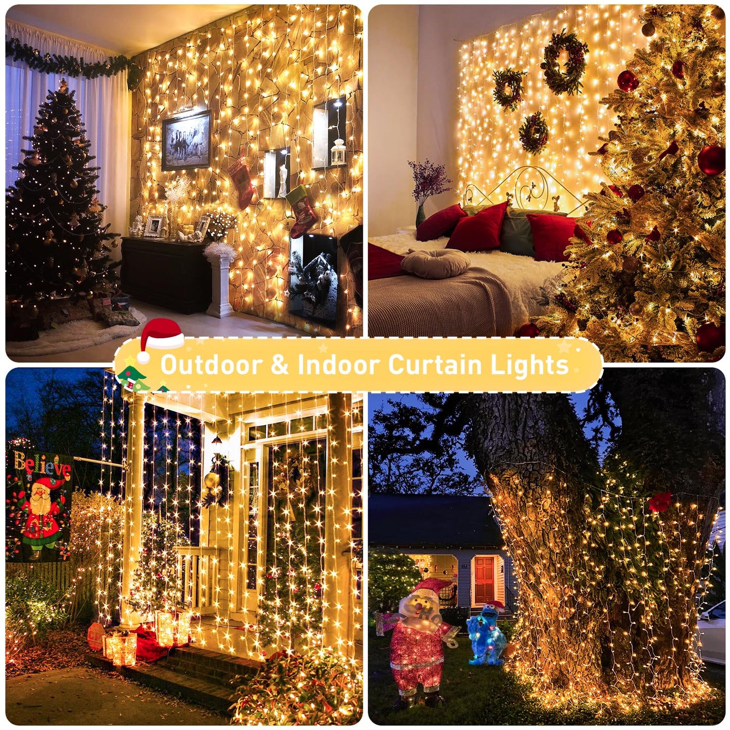 JMEXSUSS 300 LED Remote Control Christmas Curtain Lights, Plug in Fairy Curtain Lights Outdoor, Window Wall Hanging Curtain String Lights for Bedroom Backdrop Wedding Party Indoor Decor, Warm White