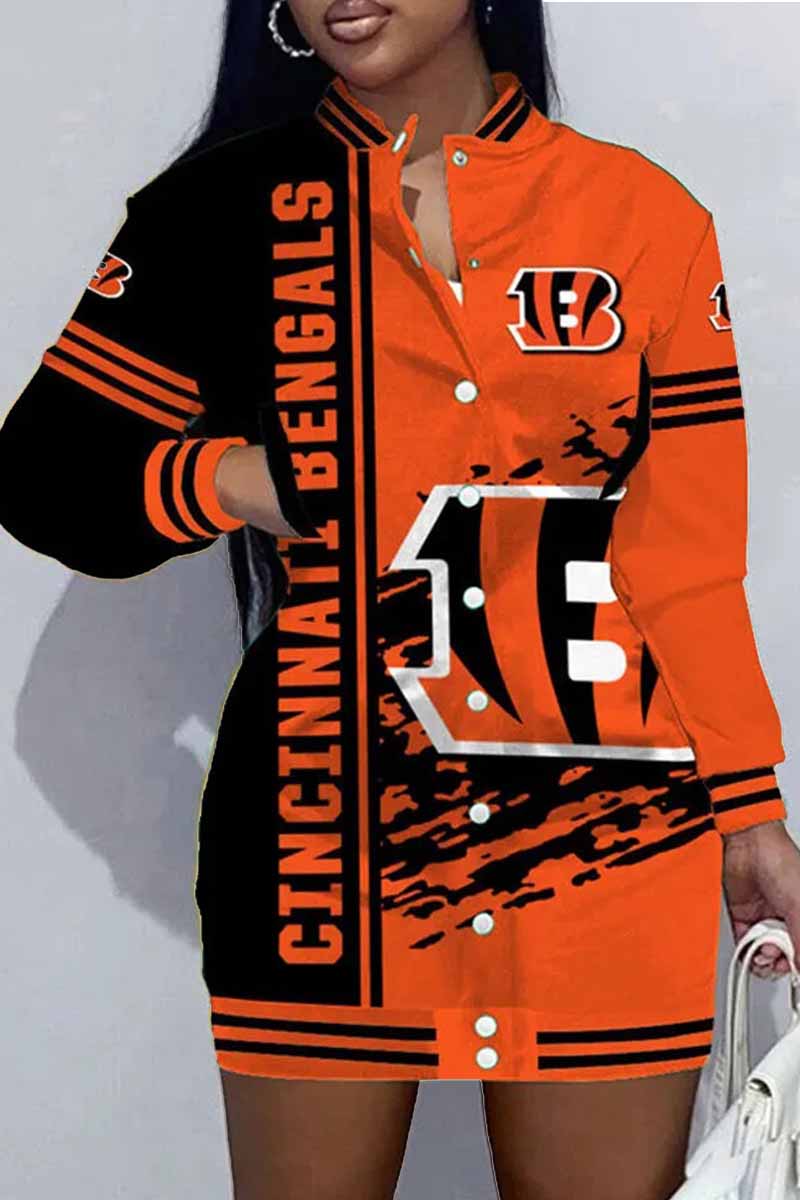 Seattle Football Sports Casual Vintage Print Patchwork Mandarin Collar One Step Skirt Dresse