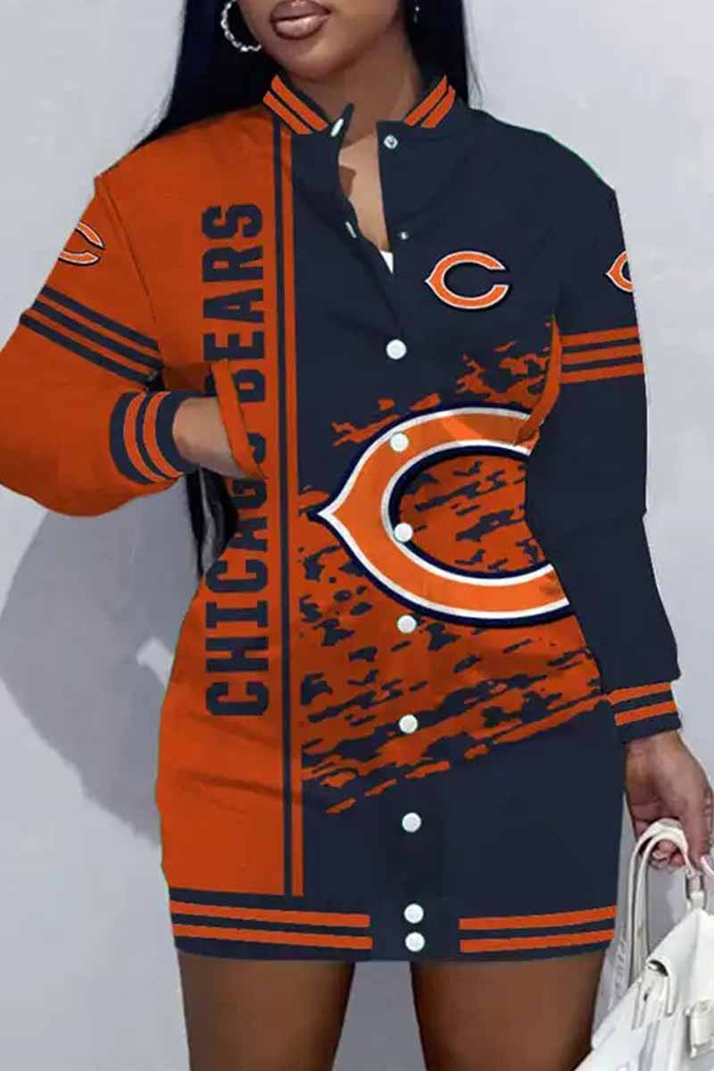 Seattle Football Sports Casual Vintage Print Patchwork Mandarin Collar One Step Skirt Dresse