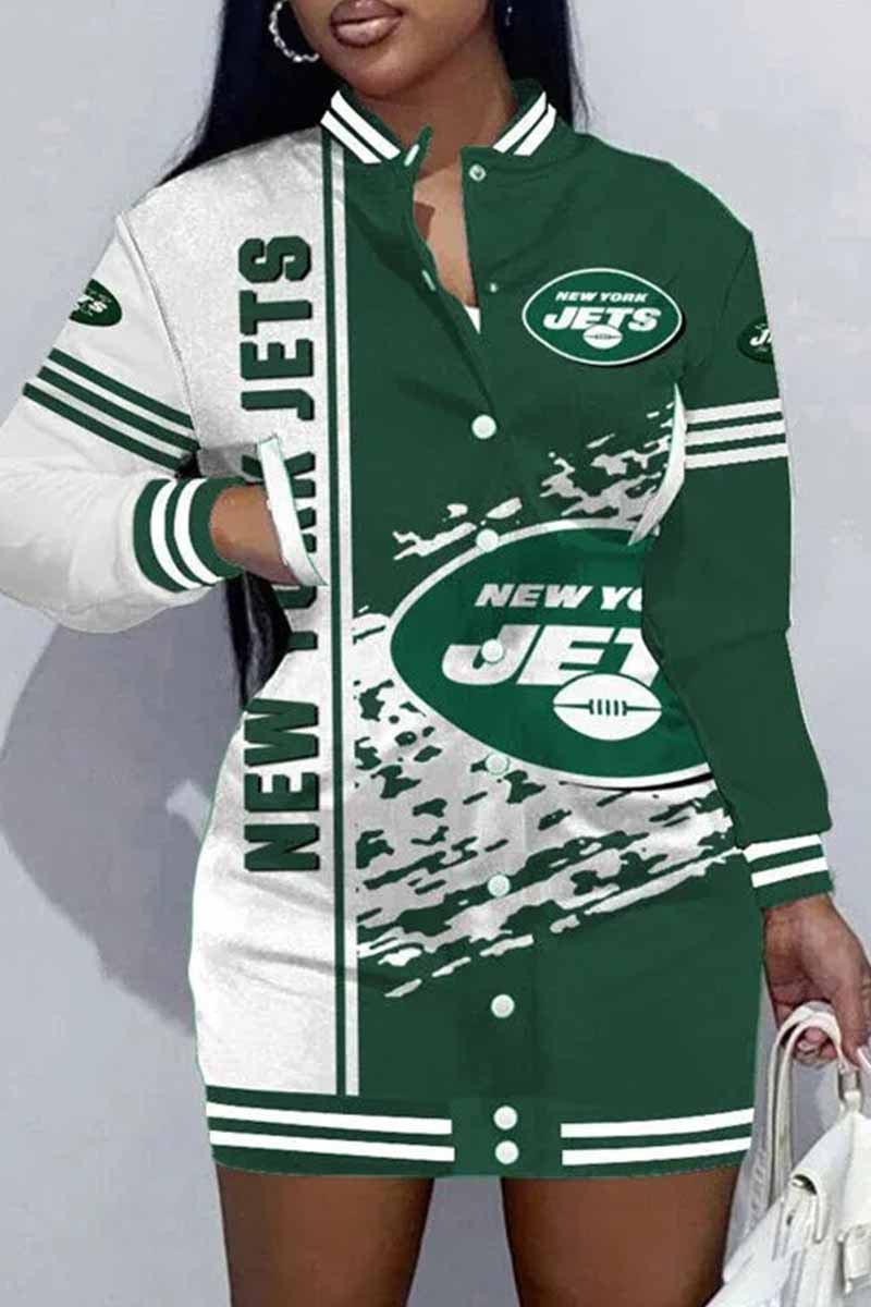 Seattle Football Sports Casual Vintage Print Patchwork Mandarin Collar One Step Skirt Dresse