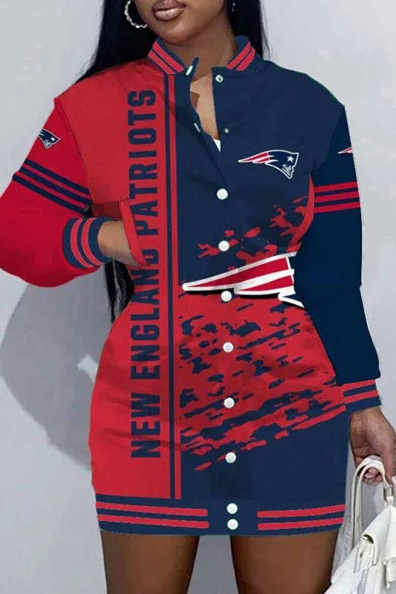 Seattle Football Sports Casual Vintage Print Patchwork Mandarin Collar One Step Skirt Dresse