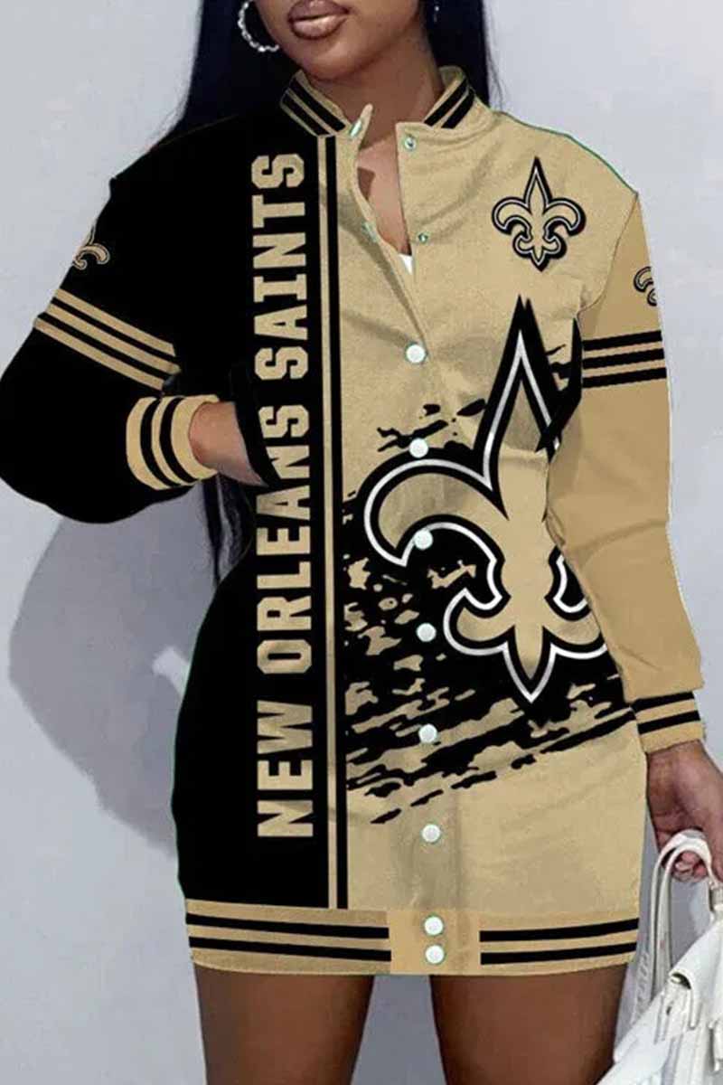 Seattle Football Sports Casual Vintage Print Patchwork Mandarin Collar One Step Skirt Dresse