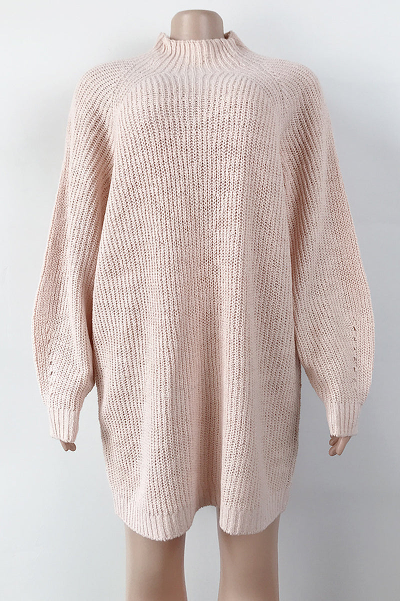 Red Casual Solid Basic Turtleneck Long Sleeve Dresses