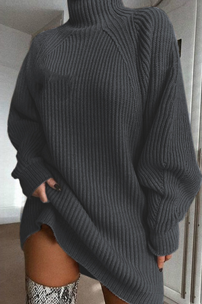 Red Casual Solid Basic Turtleneck Long Sleeve Dresses