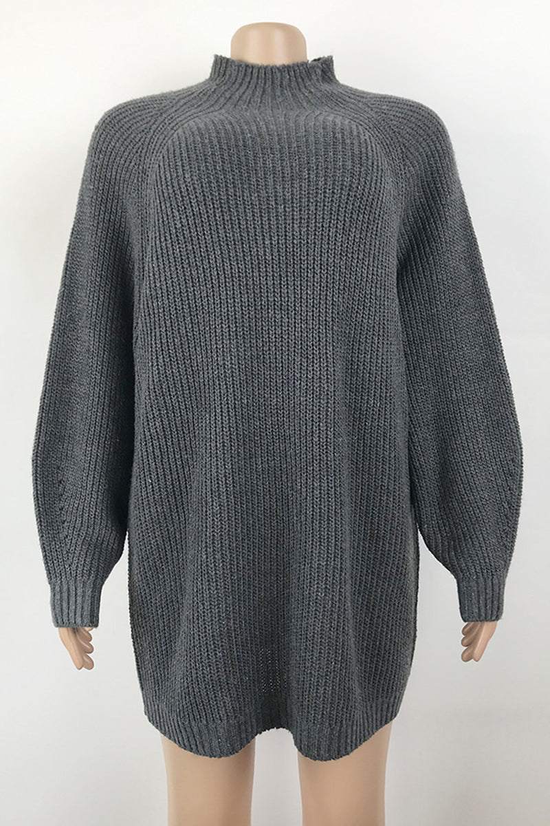 Red Casual Solid Basic Turtleneck Long Sleeve Dresses