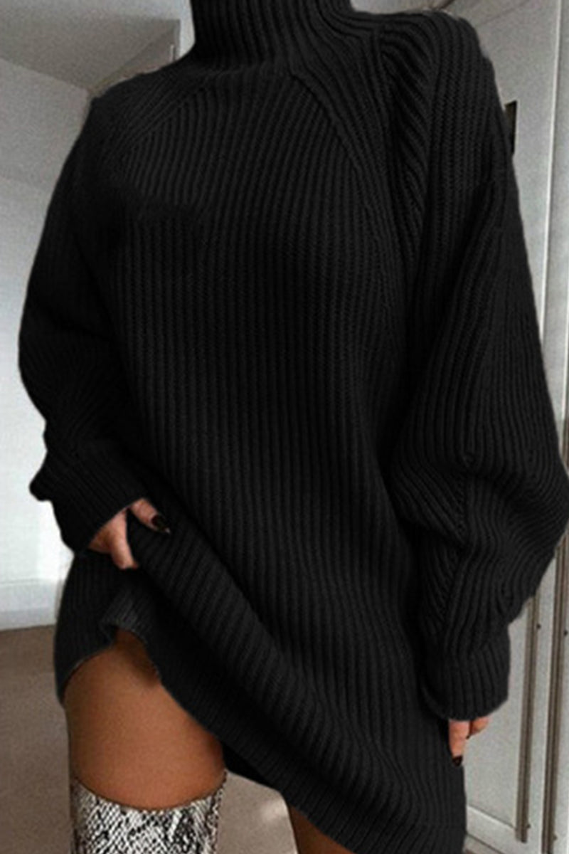 Red Casual Solid Basic Turtleneck Long Sleeve Dresses