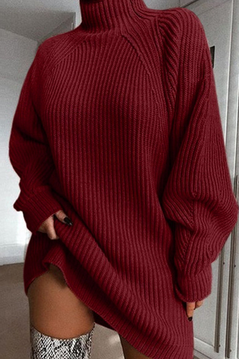 Red Casual Solid Basic Turtleneck Long Sleeve Dresses