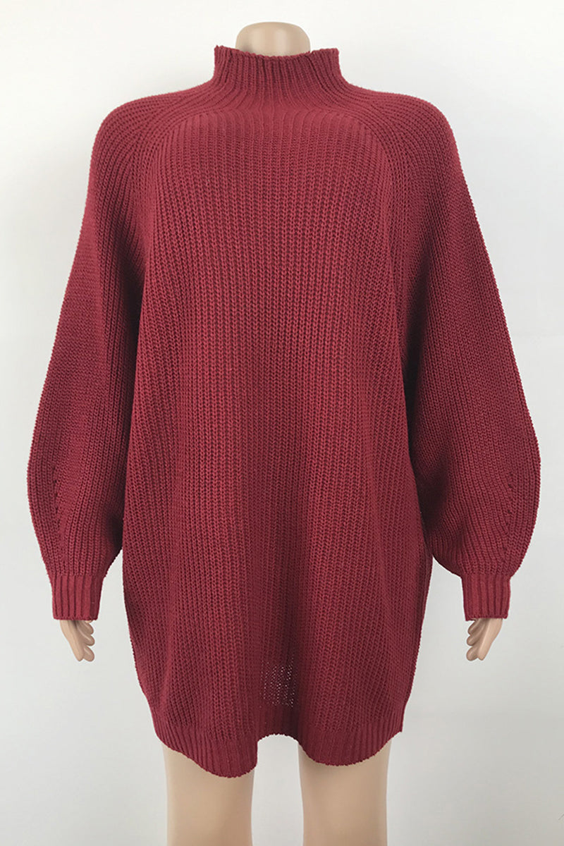 Red Casual Solid Basic Turtleneck Long Sleeve Dresses