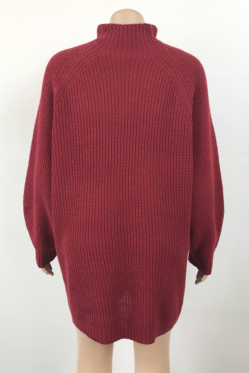 Red Casual Solid Basic Turtleneck Long Sleeve Dresses