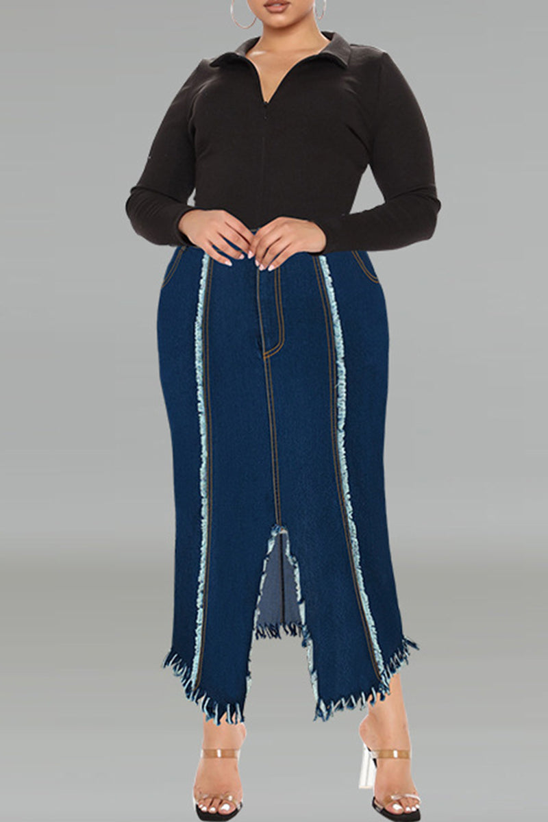 Deep Blue Street Solid Color Buttons Patchwork Slit Zipper Plus Size Skirt