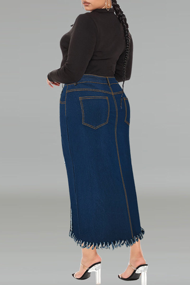 Deep Blue Street Solid Color Buttons Patchwork Slit Zipper Plus Size Skirt