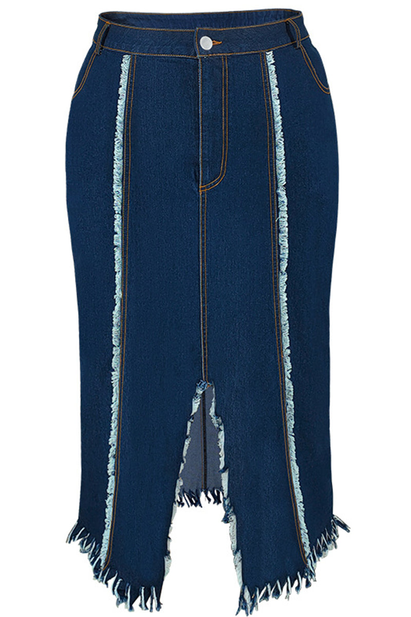 Deep Blue Street Solid Color Buttons Patchwork Slit Zipper Plus Size Skirt