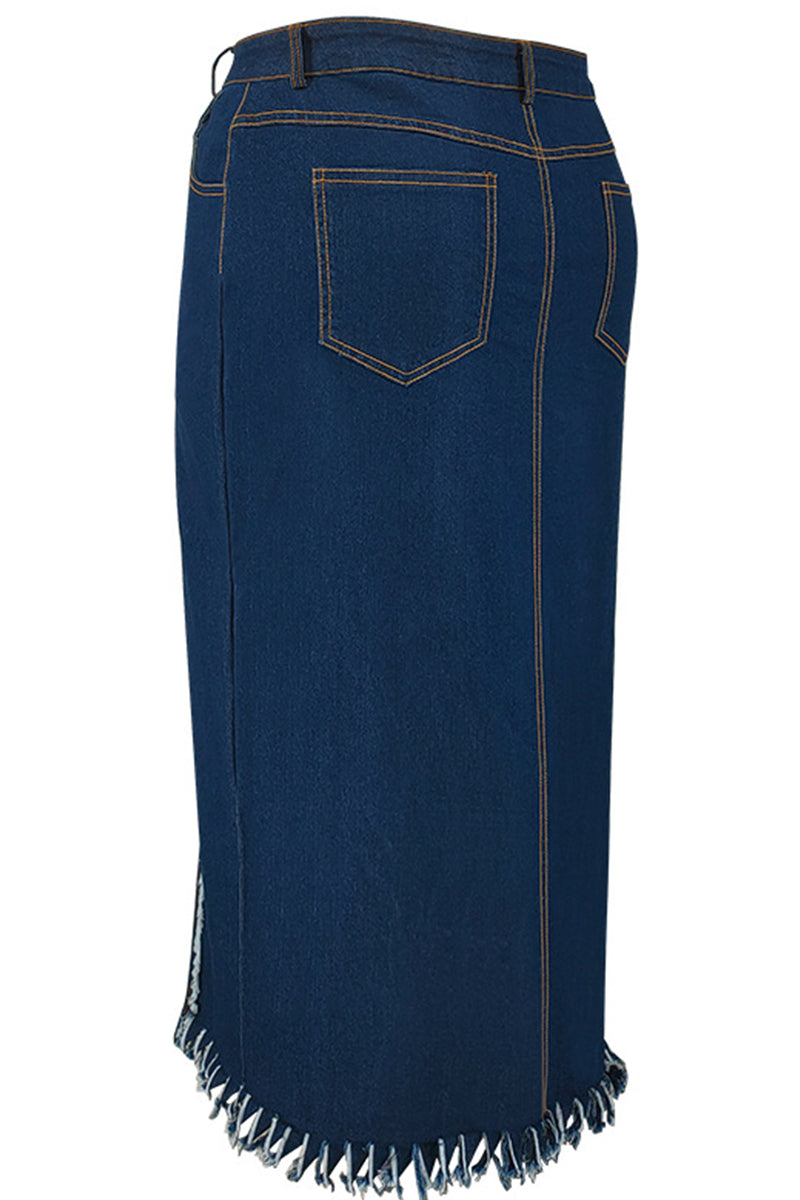 Deep Blue Street Solid Color Buttons Patchwork Slit Zipper Plus Size Skirt