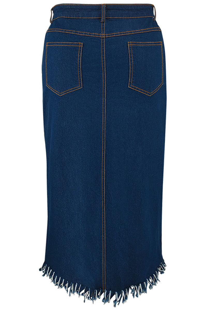 Deep Blue Street Solid Color Buttons Patchwork Slit Zipper Plus Size Skirt