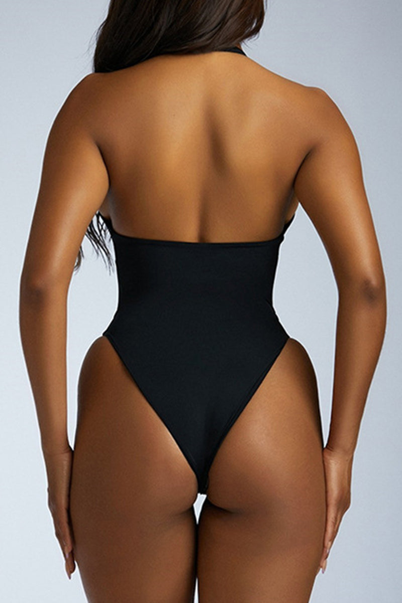 Black Sexy Solid Color Patchwork See-Through Backless Mesh Halter Skinny Bodysuits